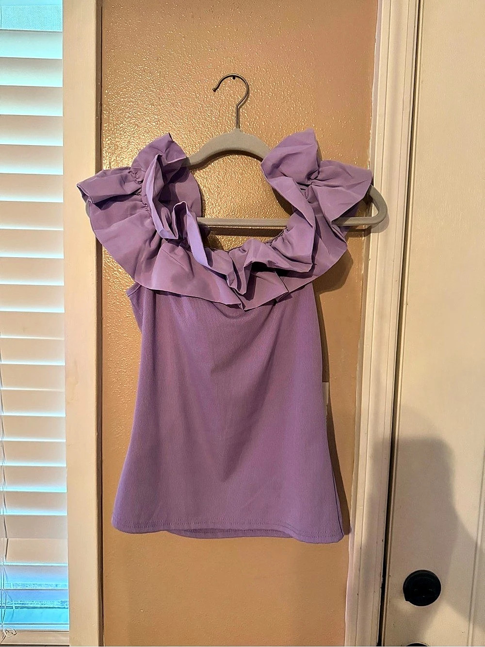 OYOANGLE Light Purple Ruffle Trim Off-Shoulder Short-Sleeve Blouse